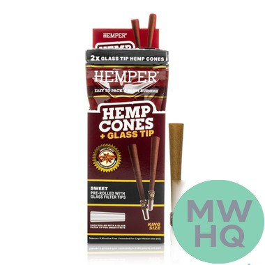 HEMPER Hemp Cones King Size Pre-Rolled With Glass Filter Tips - Pack of 2 - Display of 12 Packs