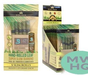 King Palm Slim Hand Rolled Leaf Rolls With Boveda 62% Humidity Packet - Display of 15 Pouches