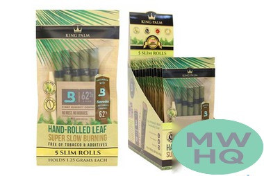 King Palm Slim Hand Rolled Leaf Rolls With Boveda 62% Humidity Packet - Display of 15 Pouches