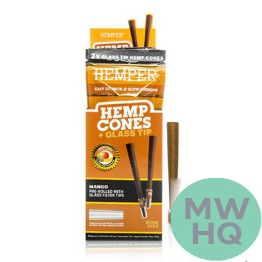 HEMPER Hemp Cones King Size Pre-Rolled With Glass Filter Tips - Pack of 2 - Display of 12 Packs