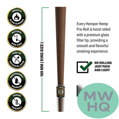 HEMPER Hemp Cones King Size Pre-Rolled With Glass Filter Tips - Pack of 2 - Display of 12 Packs