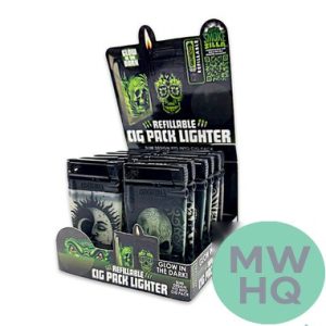 Smokezilla Refillable Cigarette Pack Lighter Glow In The Dark - Assorted Design - Display of 12 [25284]