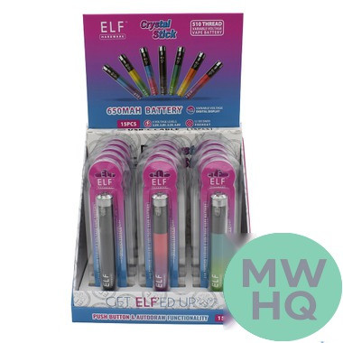 ELF Hardware Crystal Stick 650mAh VV 510 Cartridge Device Pen Battery With Digital Screen & USB Cable - Assorted Colors - Display of 15