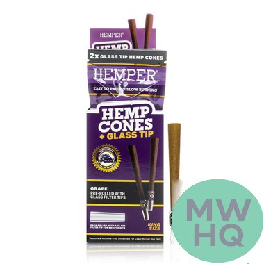 HEMPER Hemp Cones King Size Pre-Rolled With Glass Filter Tips - Pack of 2 - Display of 12 Packs