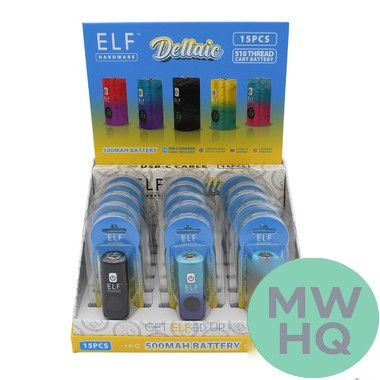 ELF Hardware Deltaic 500mAh VV 510 Cartridge Device Battery With LED Screen & USB Cable - Assorted Colors - Display of 15