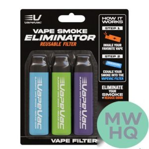 VapeVac Eliminate Vape Smoke + Reduce Odor Filter - Assorted Colors - 3ct Pack - Display of 10 Packs