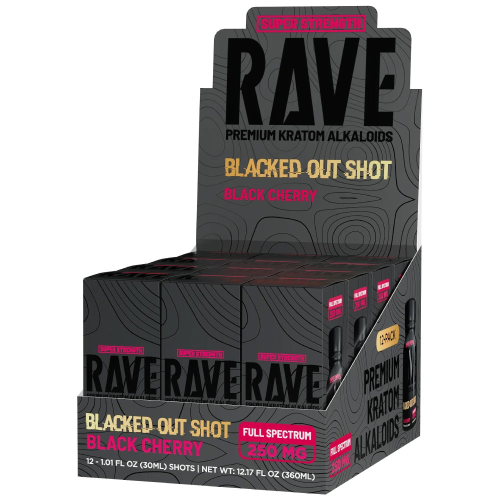 Rave Kratom Blacked Out Full Spectrum Shot 250MG 30ML - Display of 12 (MSRP $19.99 Each)