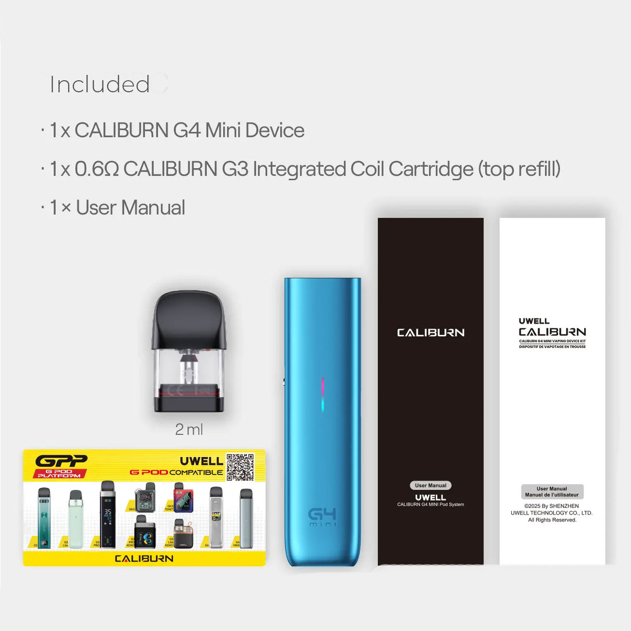 Uwell CALIBURN G4 Mini 1100mAh Pod System Starter Kit With 3ML Refillable CALIBURN GPP Integrated Coil Cartridge Pod