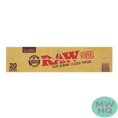 RAW Classic Single Size Pre-Rolled Cones - Pack of 20 Cones - Display of 12 Packs