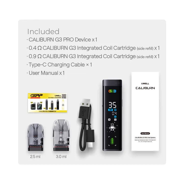 Uwell Caliburn G3 Pro 1000mAh Pod System Starter Kit With 3 x Refillable 2.5ML Caliburn G3 Integrated Coil Cartridge Pod