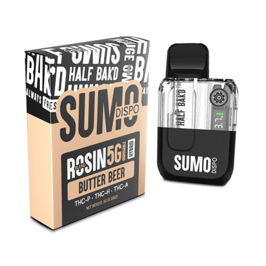 Half Bak'd Sumo Rosin Blend Delta THC-P + THC-H + THC-A Disposable Device 5G With LED Screen - Display of 5