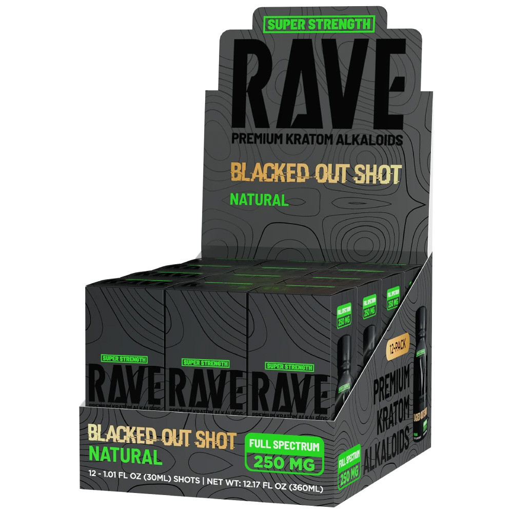 Rave Kratom Blacked Out Full Spectrum Shot 250MG 30ML - Display of 12 (MSRP $19.99 Each)