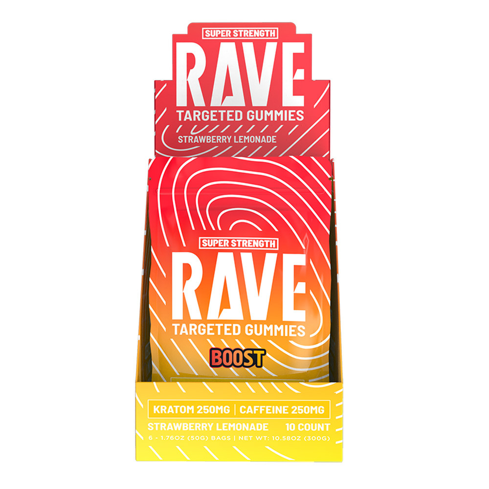 Rave Kratom Targeted Gummies 500MG/Pack - 10ct Pack - Display of 6 Packs (MSRP $21.99 Each)