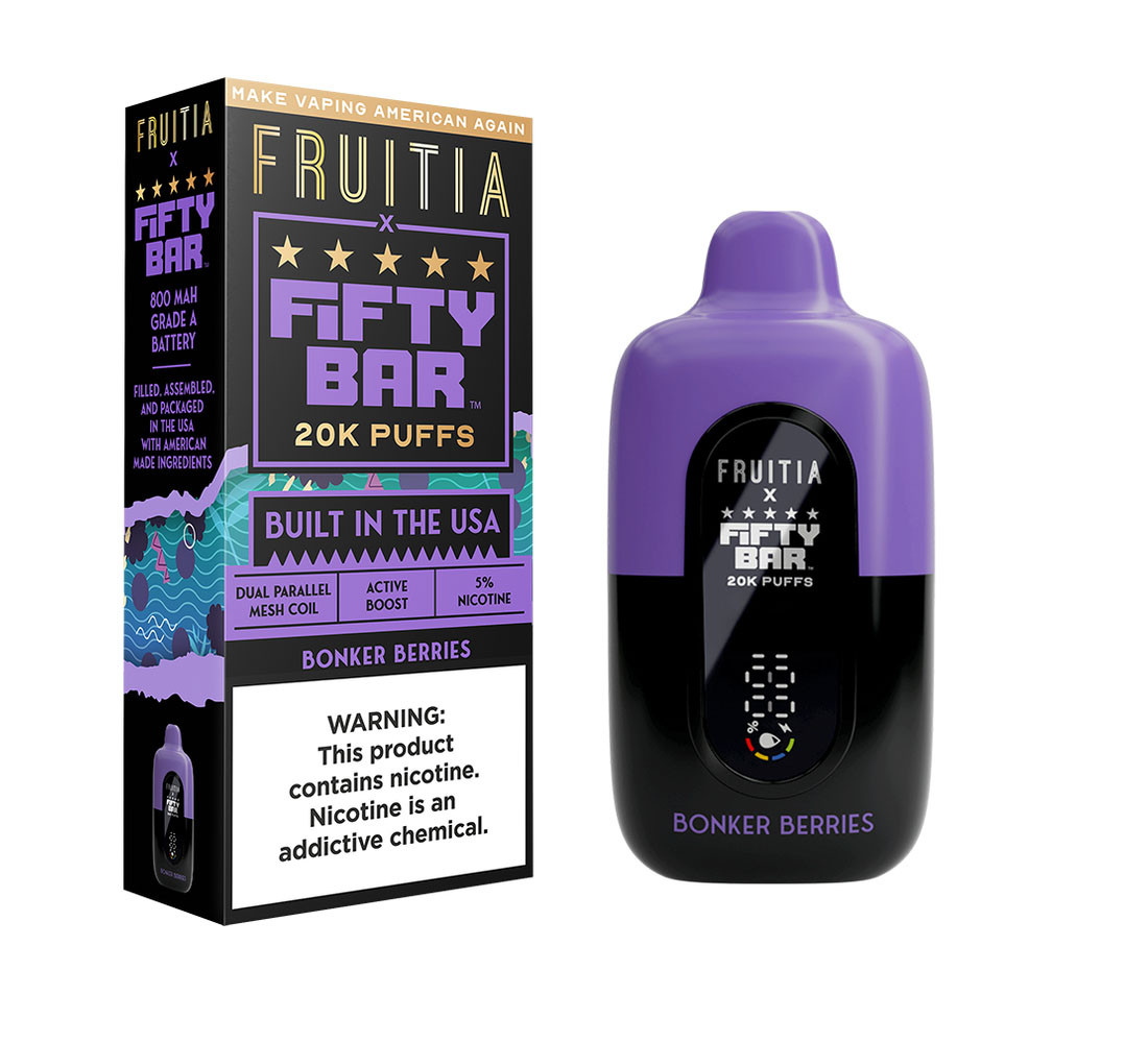 Fruitia x Fifty Bar 18ML 20K Puffs Nicotine Disposable Device With Always Active Boost & Adjustable Airflow - Display of 5 - TEXAS COMPLIANT