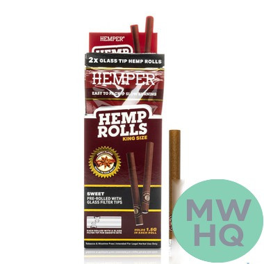 HEMPER Hemp Rolls King Size Pre-Rolled With Glass Filter Tips - Pack of 2 - Display of 12 Packs