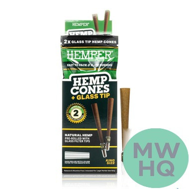HEMPER Hemp Cones King Size Pre-Rolled With Glass Filter Tips - Pack of 2 - Display of 12 Packs