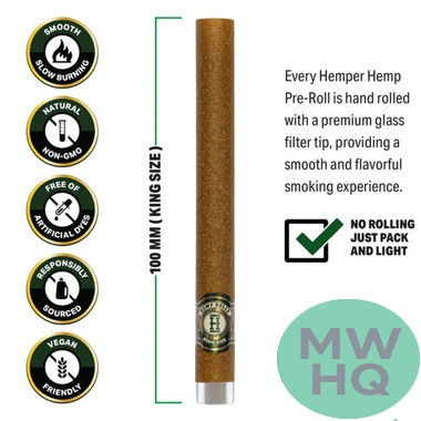 HEMPER Hemp Rolls King Size Pre-Rolled With Glass Filter Tips - Pack of 2 - Display of 12 Packs