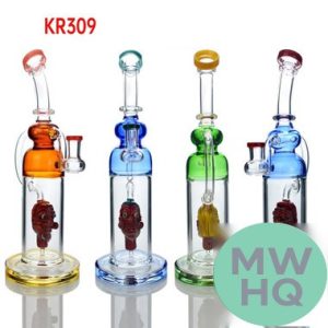 Glass Water Pipe Thick Base With Face Perc + Hand Grip & Bent Neck - 578 Grams - 9.8 Inches - Assorted Colors [KR309]