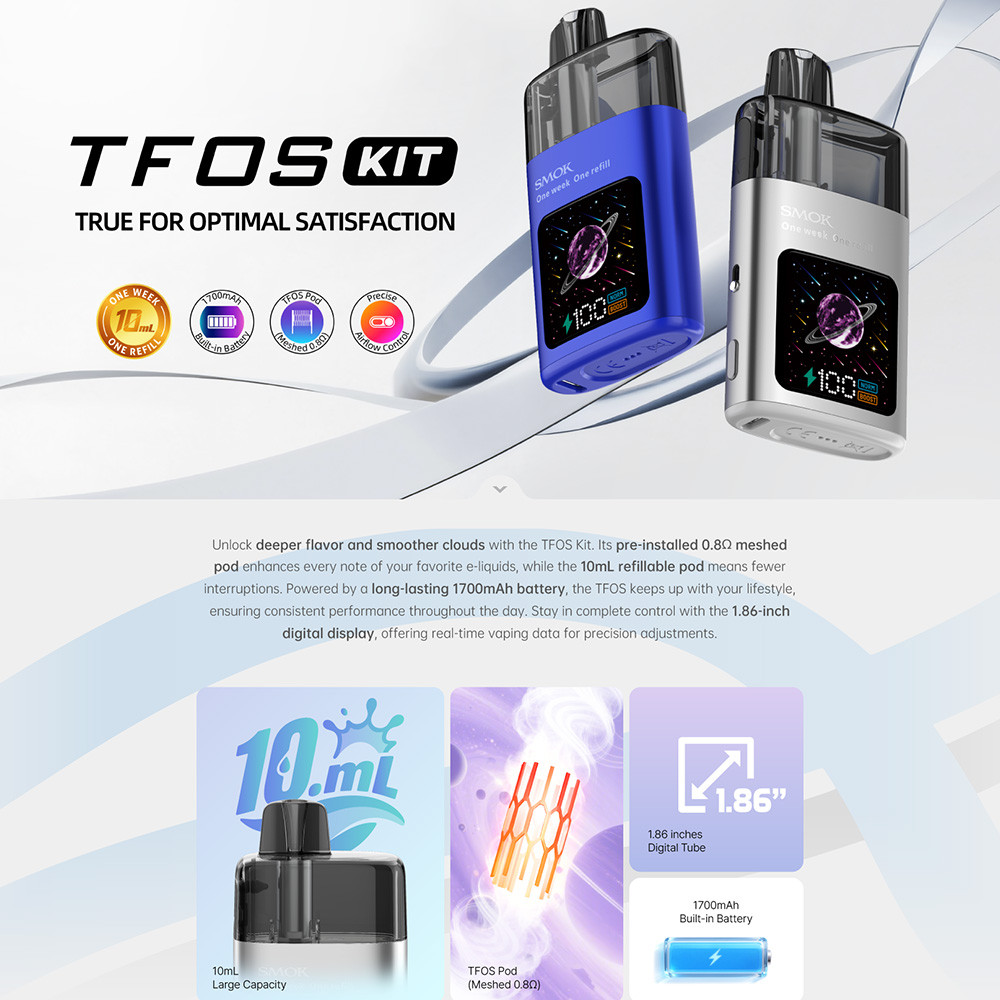SMOK TFOS 1700mAh Pod System Starter Kit With 10ML Refillable Pod (MSRP $18.00)