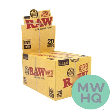 RAW Classic Single Size Pre-Rolled Cones - Pack of 20 Cones - Display of 12 Packs