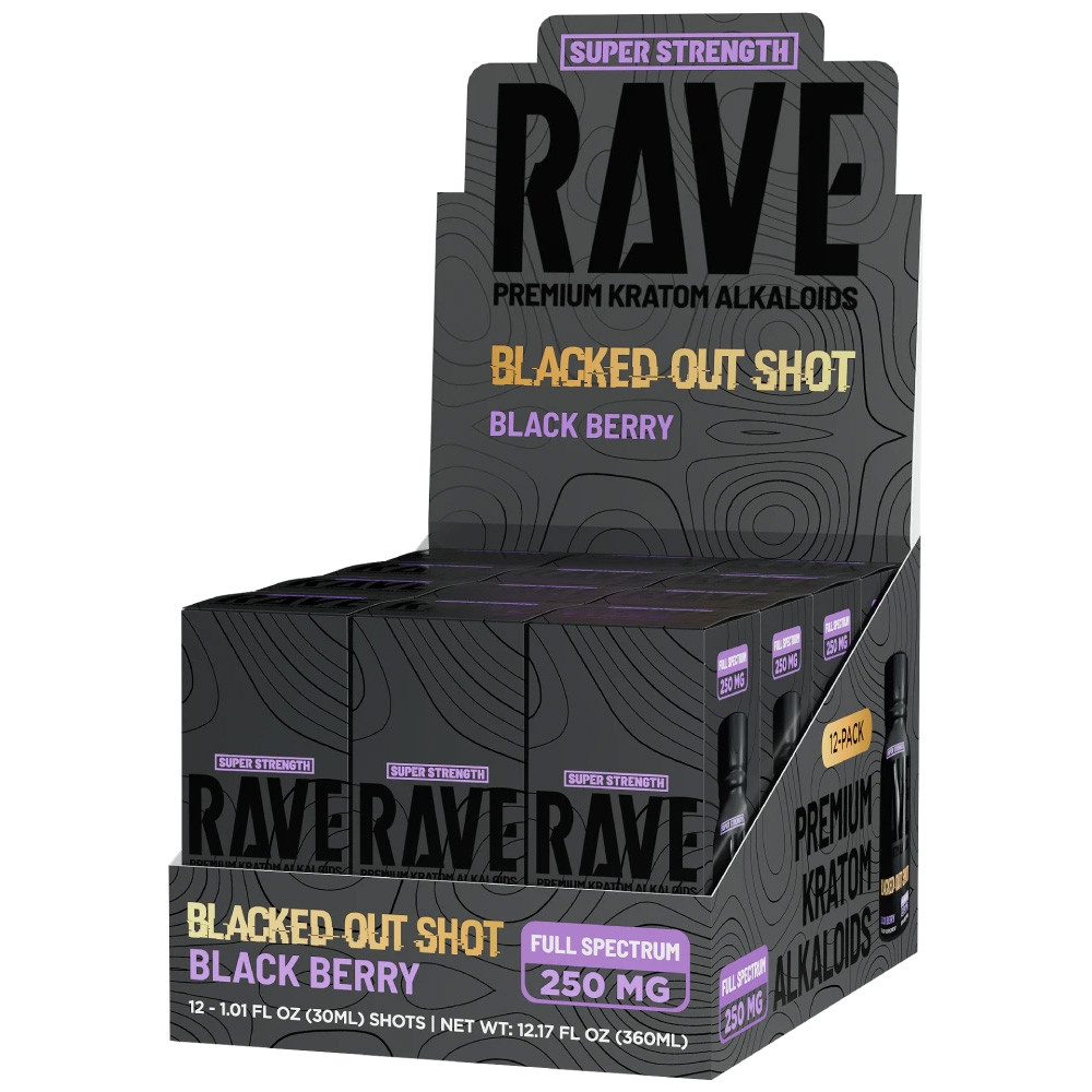 Rave Kratom Blacked Out Full Spectrum Shot 250MG 30ML - Display of 12 (MSRP $19.99 Each)